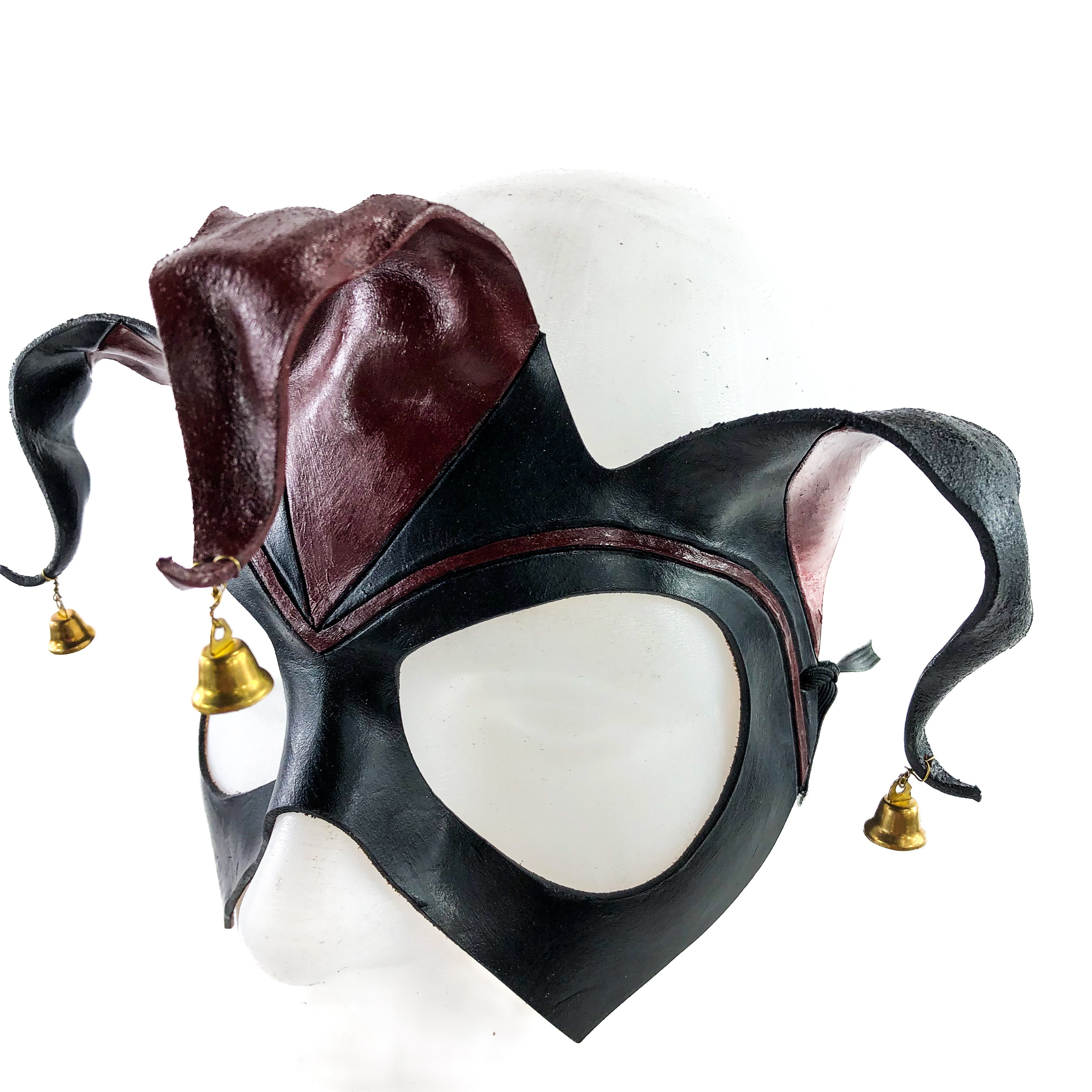 Handmade Genuine Leather Jester Mask in Red and Black with Brass Bells Rockwell Masks