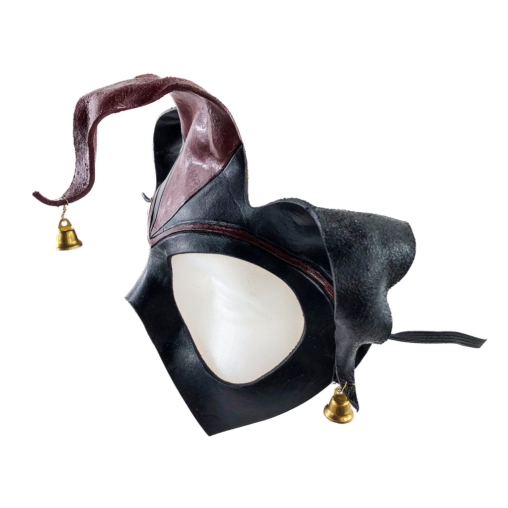 Handmade Genuine Leather Jester Mask in Red and Black with Brass Bells Rockwell Masks