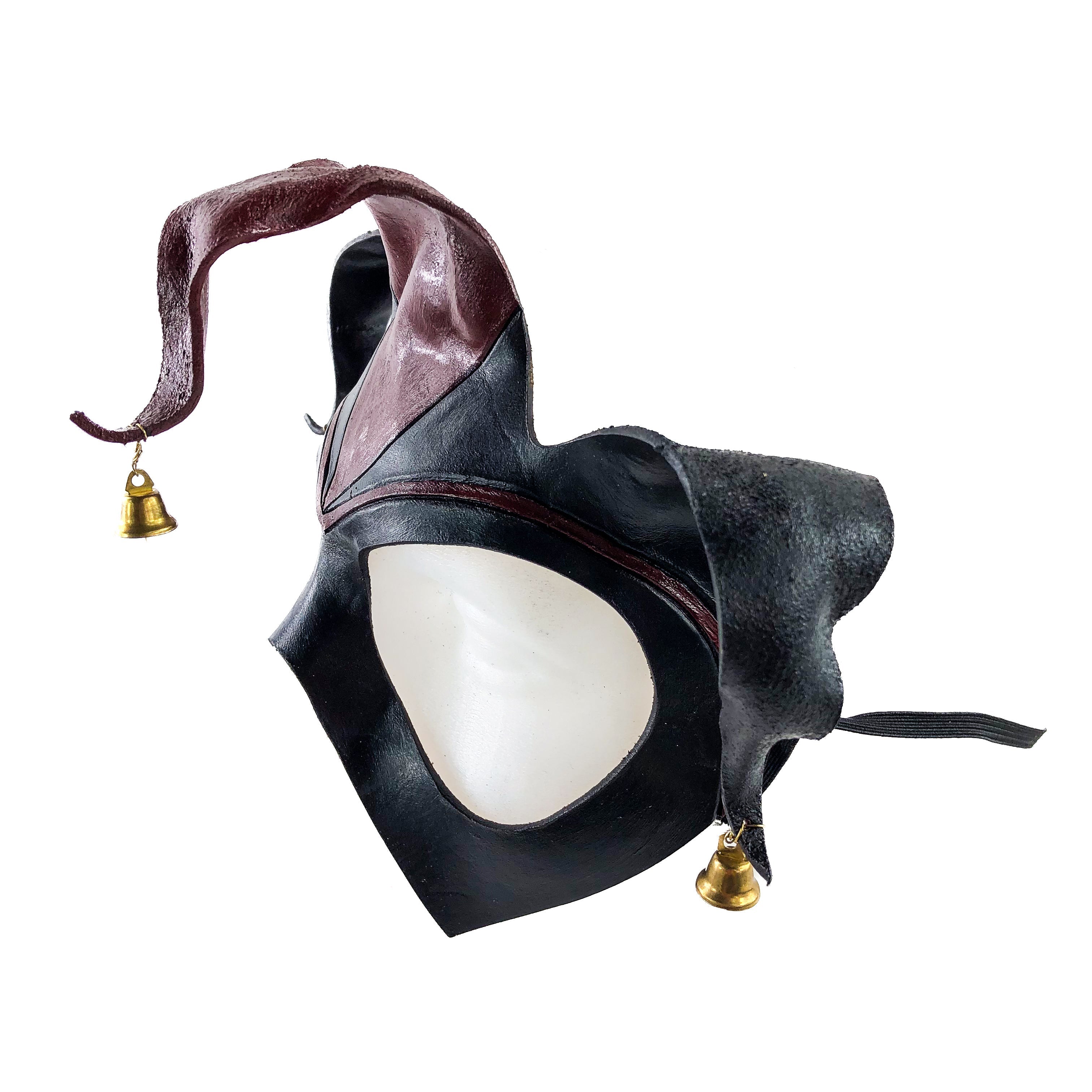 Handmade Genuine Leather Jester Mask in Red and Black with Brass Bells Rockwell Masks