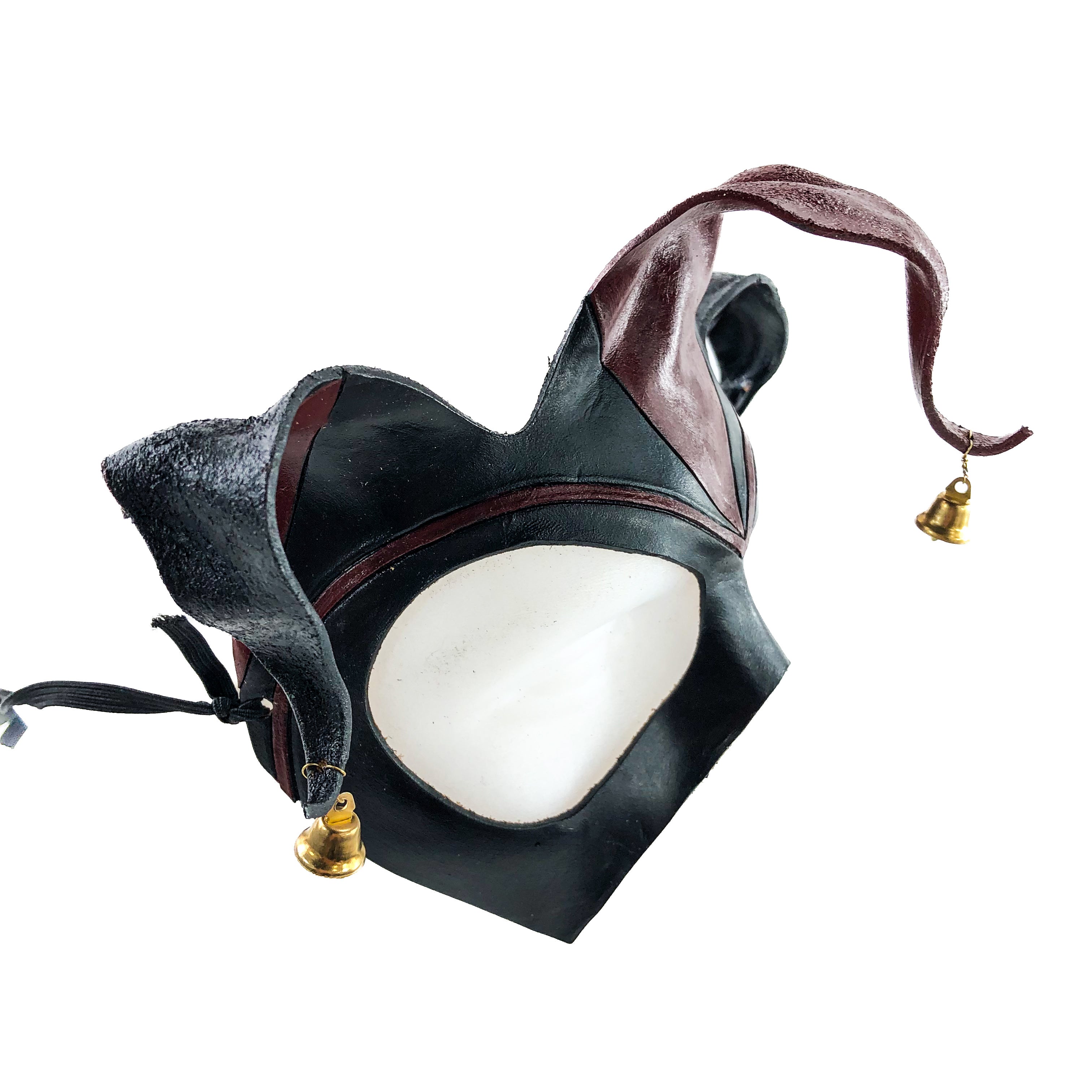 Handmade Genuine Leather Jester Mask in Red and Black with Brass Bells Rockwell Masks