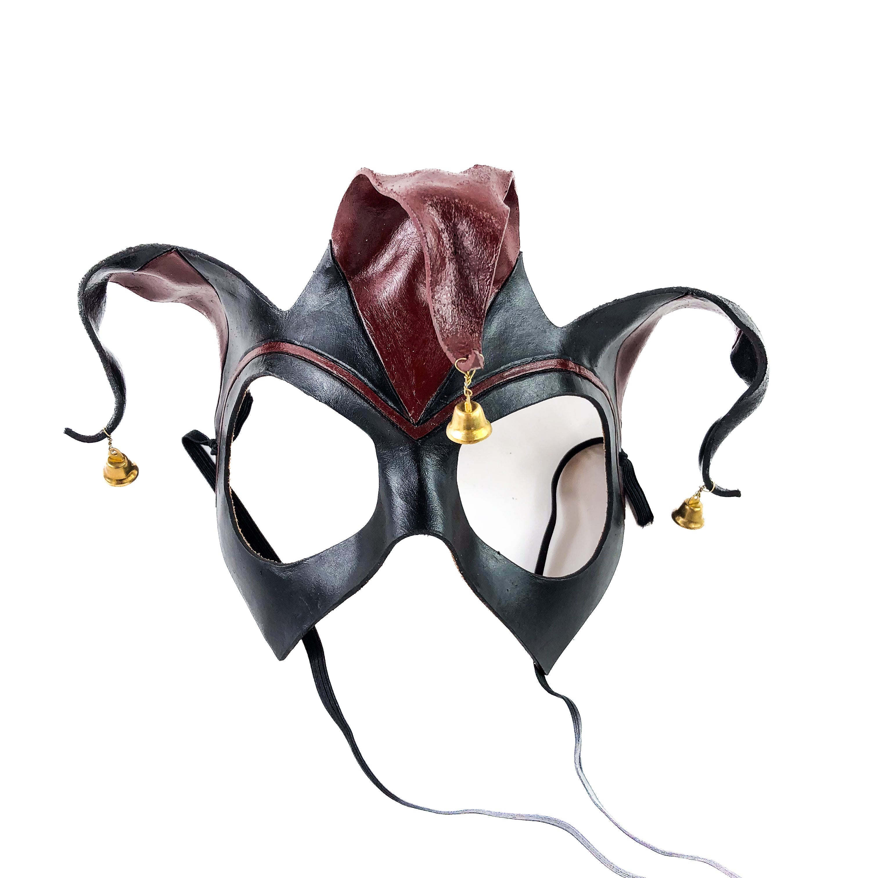Handmade Genuine Leather Jester Mask in Red and Black with Brass Bells Rockwell Masks