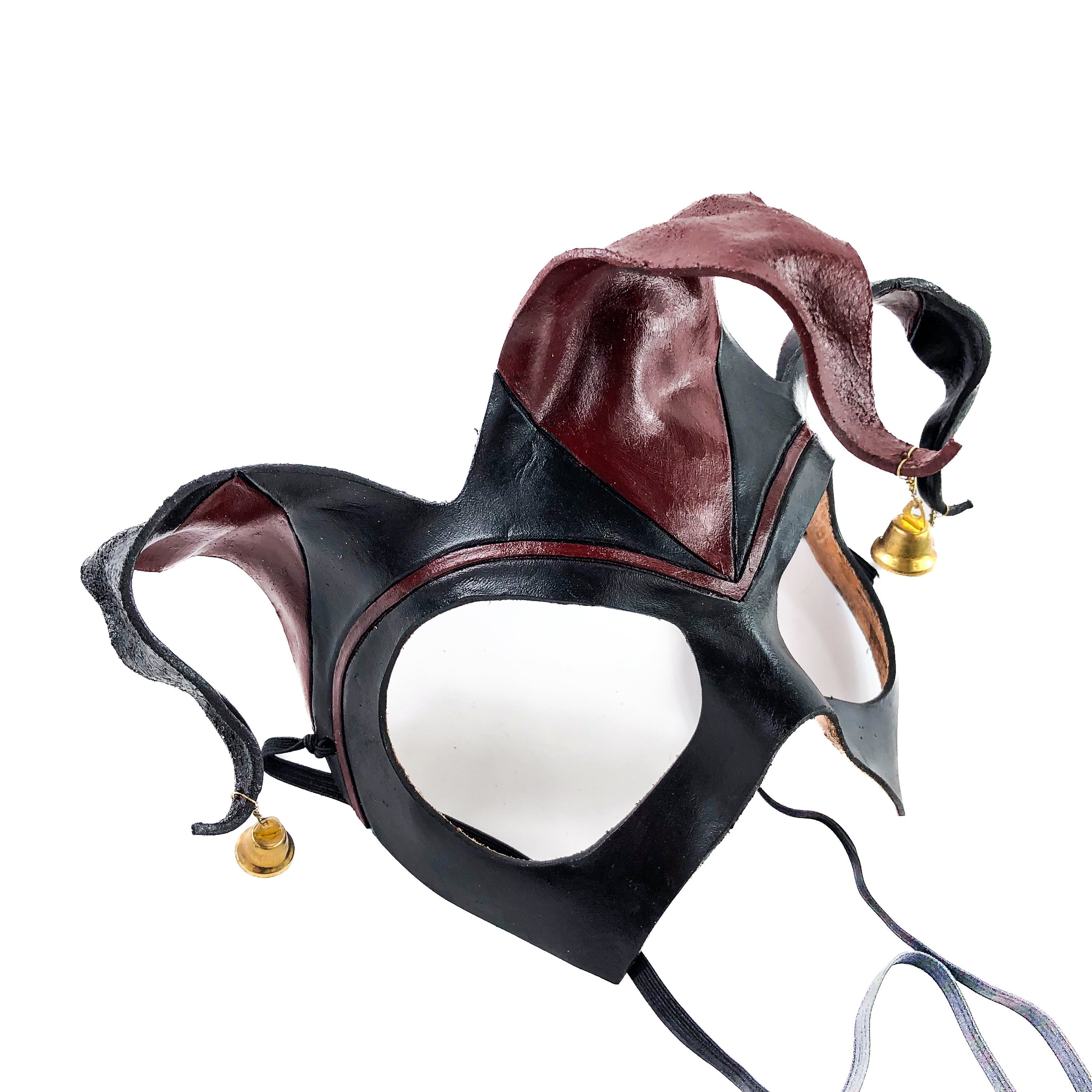 Handmade Genuine Leather Jester Mask in Red and Black with Brass Bells Rockwell Masks