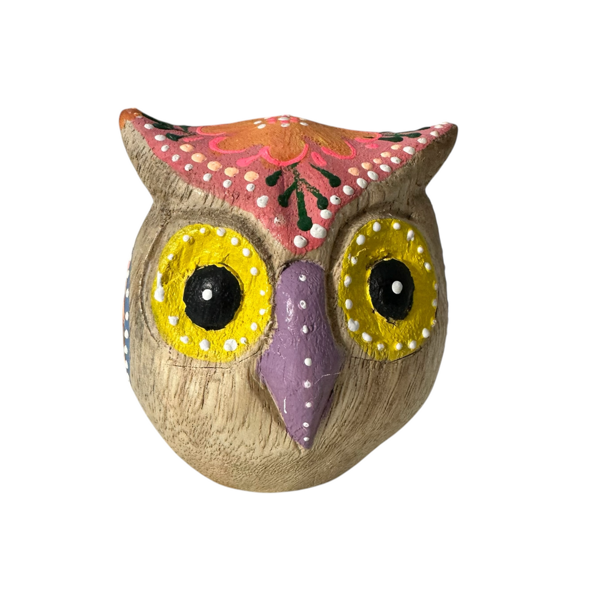 Hand-Painted Wooden Owl Figurine - Yellow Eyes & Pink Accents Music Frog Co
