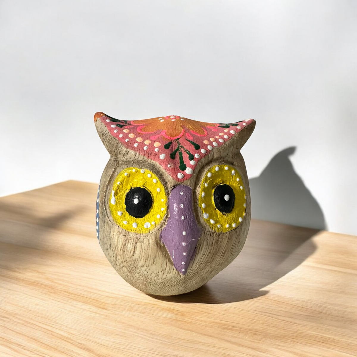 Hand-Painted Wooden Owl Figurine - Yellow Eyes & Pink Accents Music Frog Co