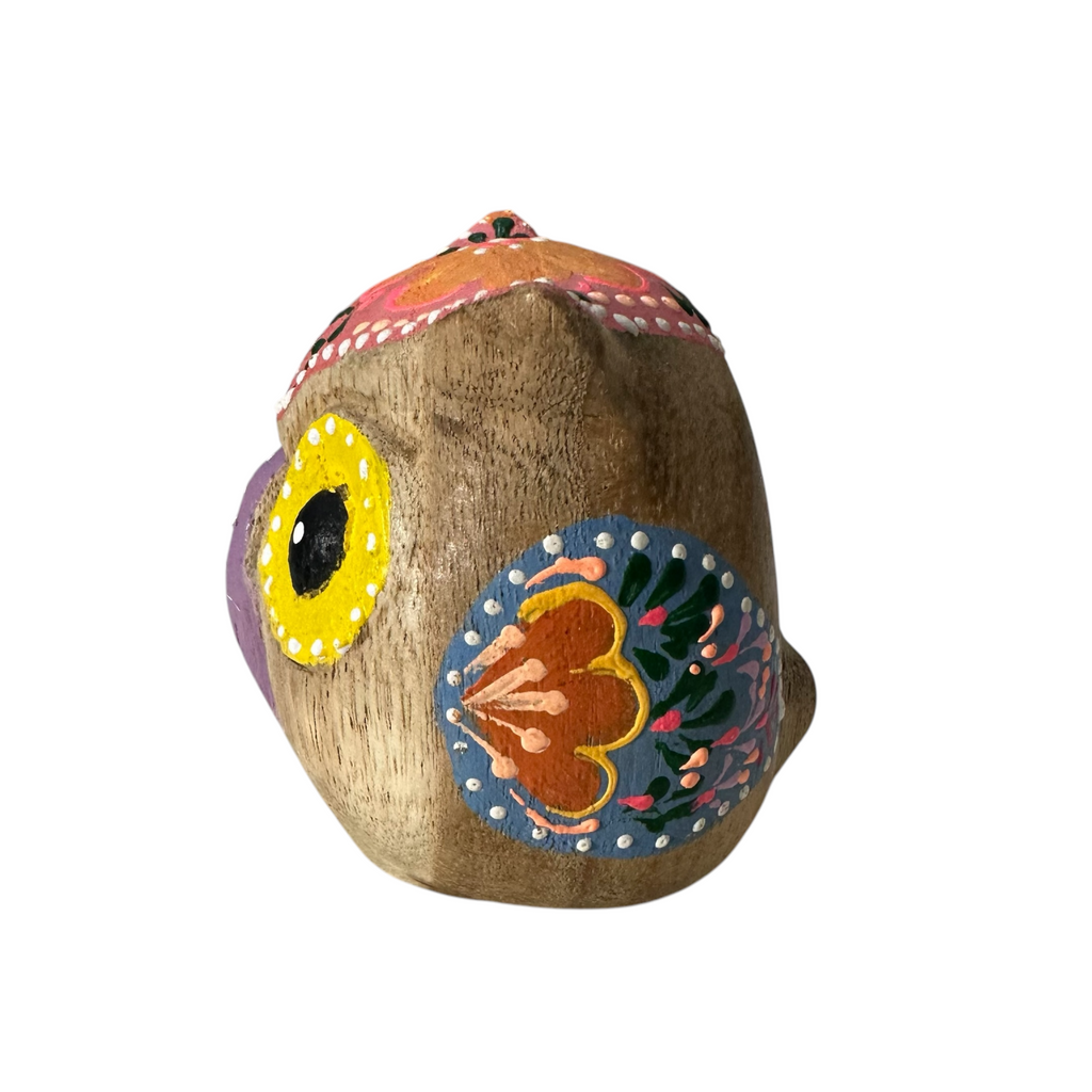 Hand-Painted Wooden Owl Figurine - Yellow Eyes & Pink Accents Music Frog Co