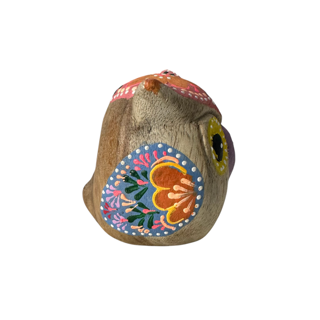 Hand-Painted Wooden Owl Figurine - Yellow Eyes & Pink Accents Music Frog Co