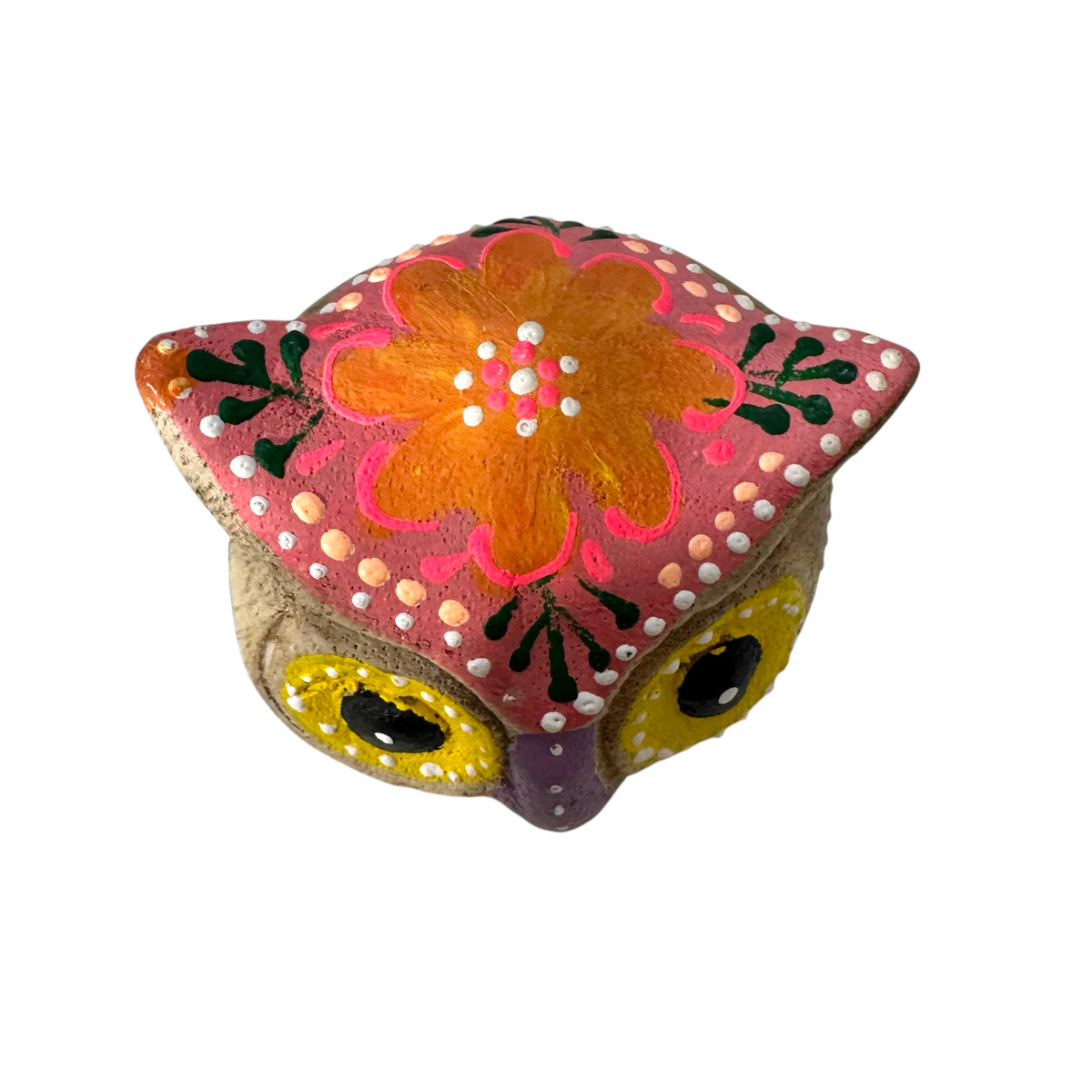 Hand-Painted Wooden Owl Figurine - Yellow Eyes & Pink Accents Music Frog Co