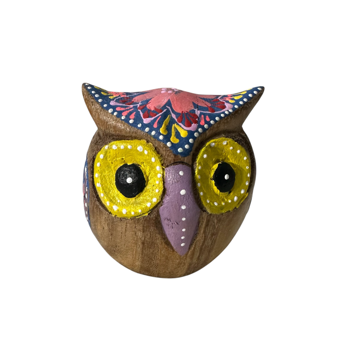 Hand-Painted Wooden Owl Figurine - Dark Brown & Floral Design Music Frog Co