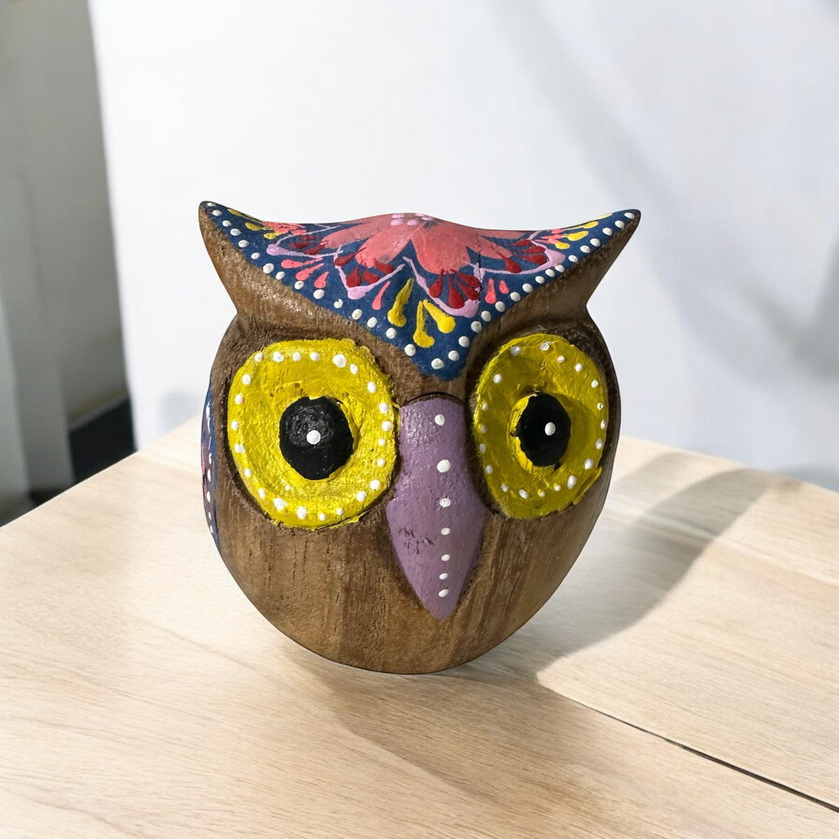 Hand-Painted Wooden Owl Figurine - Dark Brown & Floral Design Music Frog Co