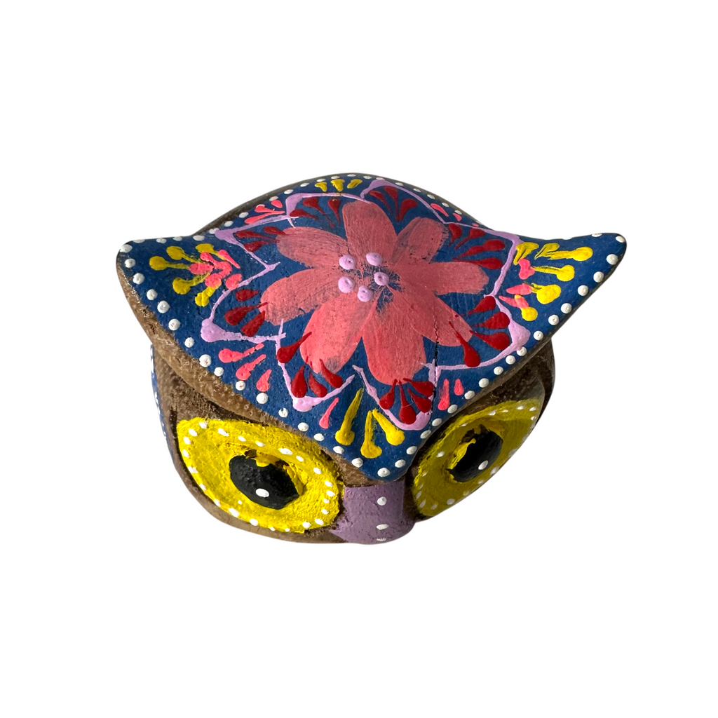 Hand-Painted Wooden Owl Figurine - Dark Brown & Floral Design Music Frog Co