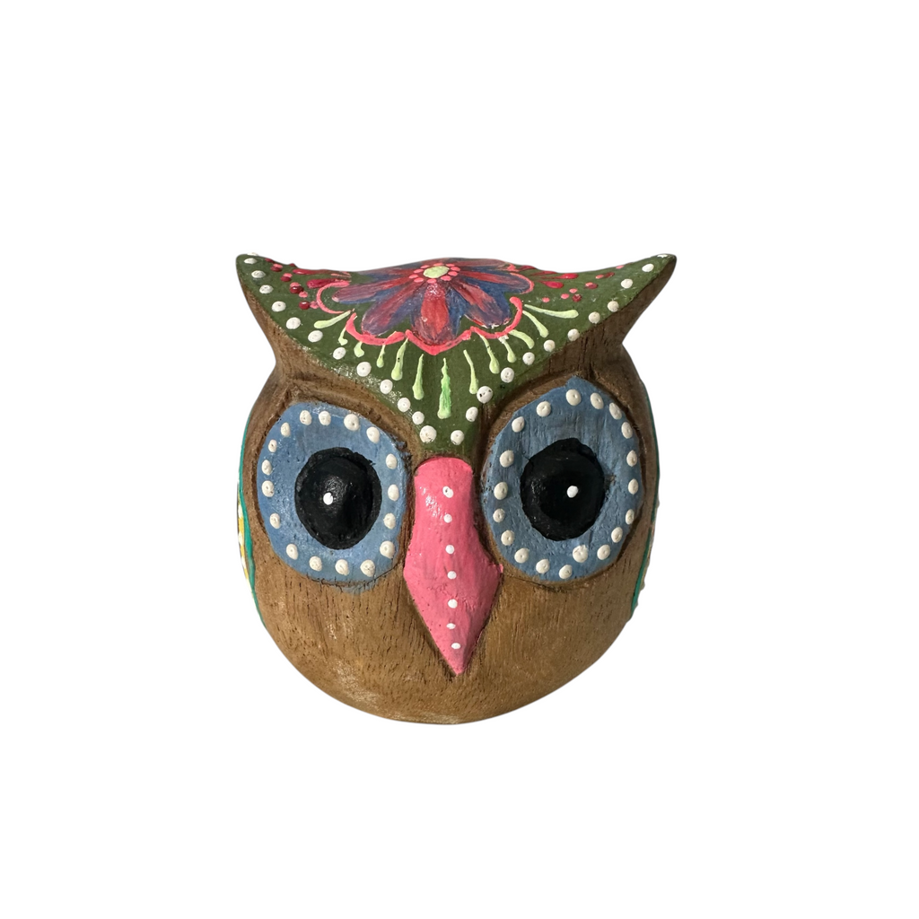 Hand-Painted Wooden Owl Figurine - Green & Blue Highlights Music Frog Co