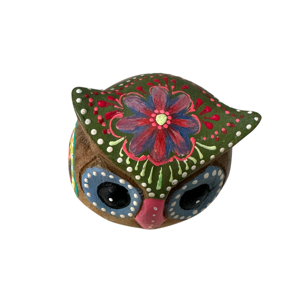 Hand-Painted Wooden Owl Figurine - Green & Blue Highlights Music Frog Co