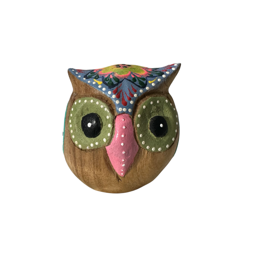 Hand-Painted Wooden Owl Figurine - Blue & Pink Floral Accents Music Frog Co