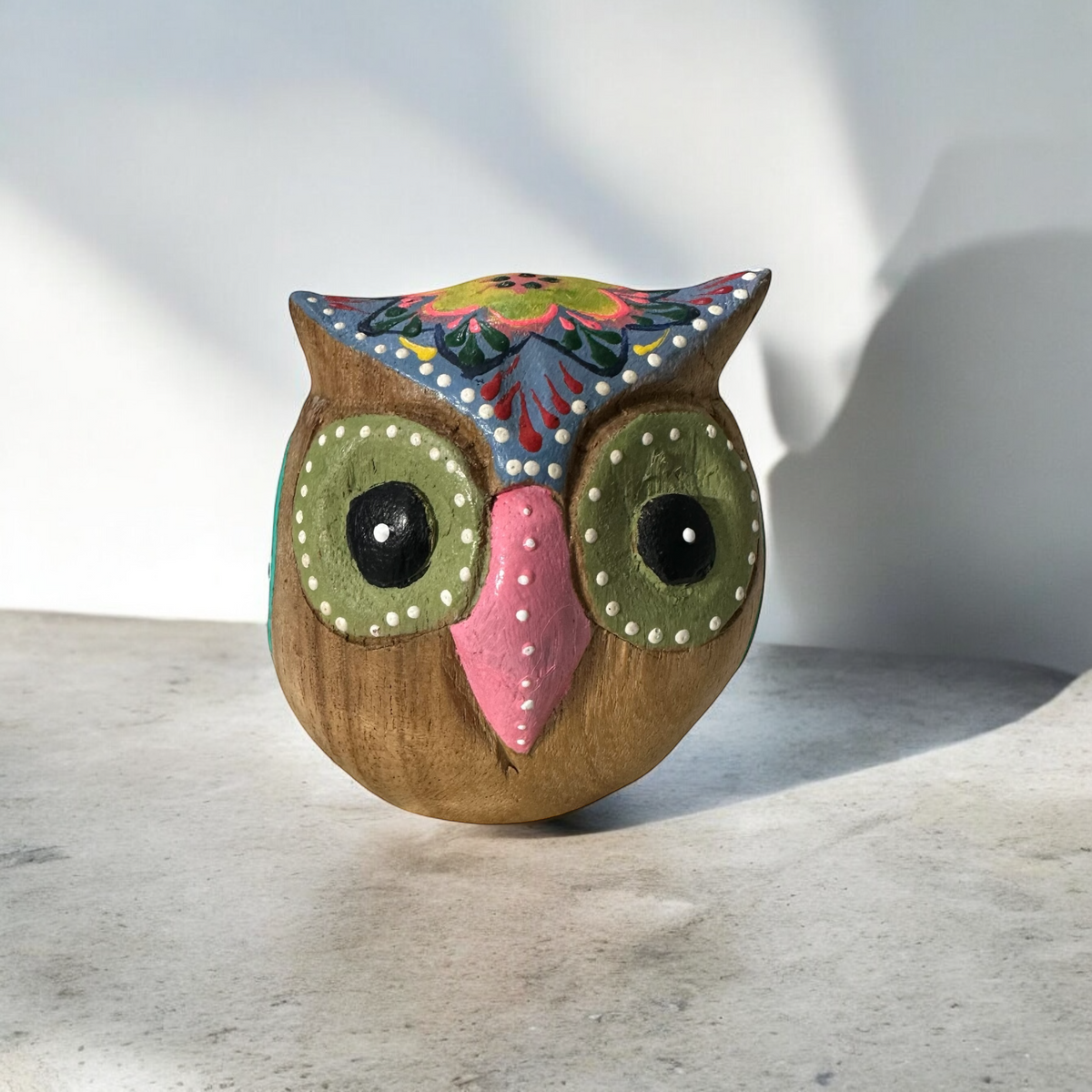 Hand-Painted Wooden Owl Figurine - Blue & Pink Floral Accents Music Frog Co