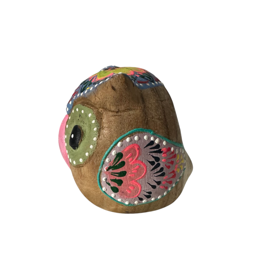 Hand-Painted Wooden Owl Figurine - Blue & Pink Floral Accents Music Frog Co