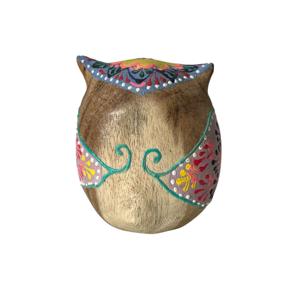 Hand-Painted Wooden Owl Figurine - Blue & Pink Floral Accents Music Frog Co