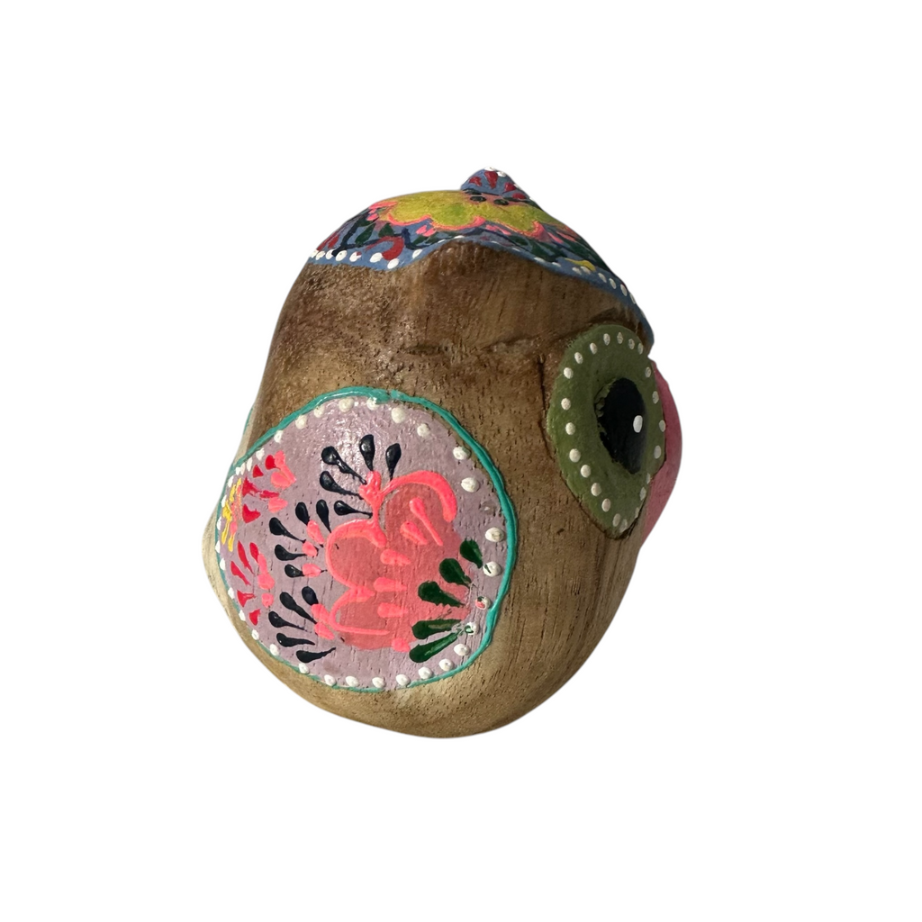 Hand-Painted Wooden Owl Figurine - Blue & Pink Floral Accents Music Frog Co