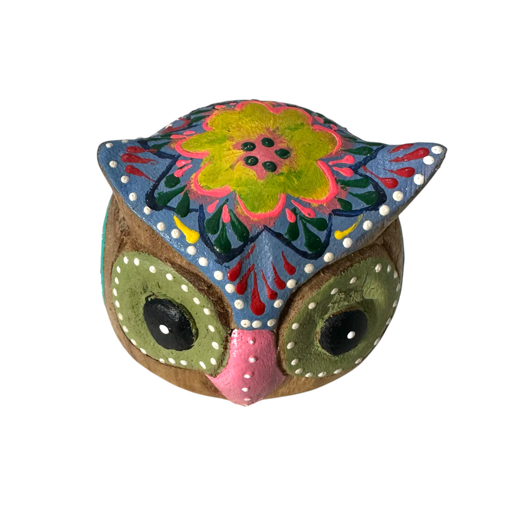 Hand-Painted Wooden Owl Figurine - Blue & Pink Floral Accents Music Frog Co