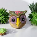 Hand-Painted Wooden Owl Figurine - Purple Eyes & Yellow Beak Music Frog Co