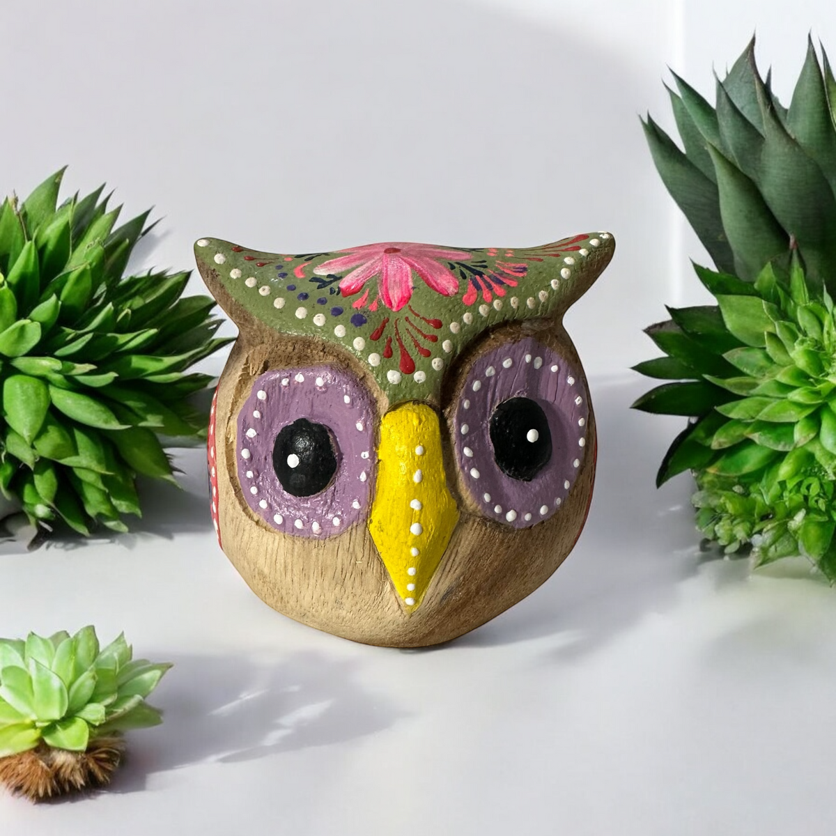 Hand-Painted Wooden Owl Figurine - Purple Eyes & Yellow Beak Music Frog Co