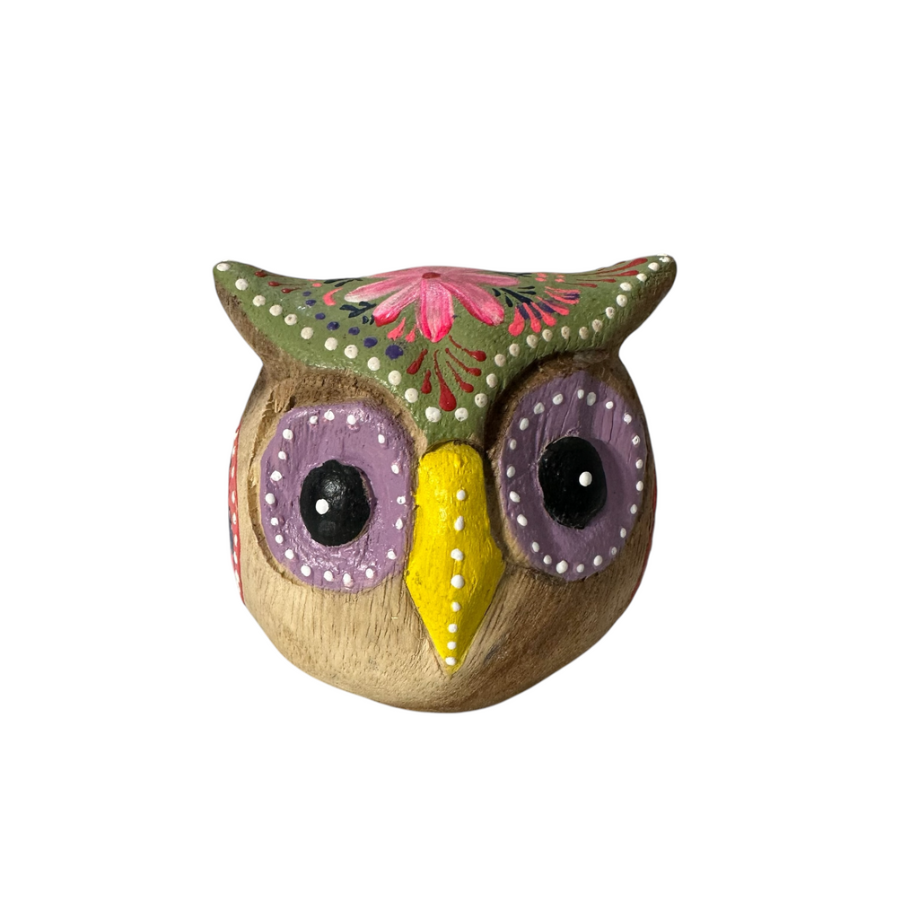 Hand-Painted Wooden Owl Figurine - Purple Eyes & Yellow Beak Music Frog Co