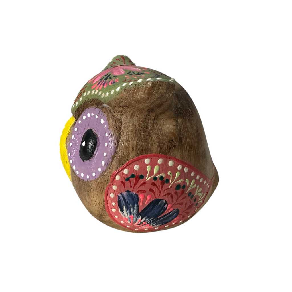 Hand-Painted Wooden Owl Figurine - Purple Eyes & Yellow Beak Music Frog Co
