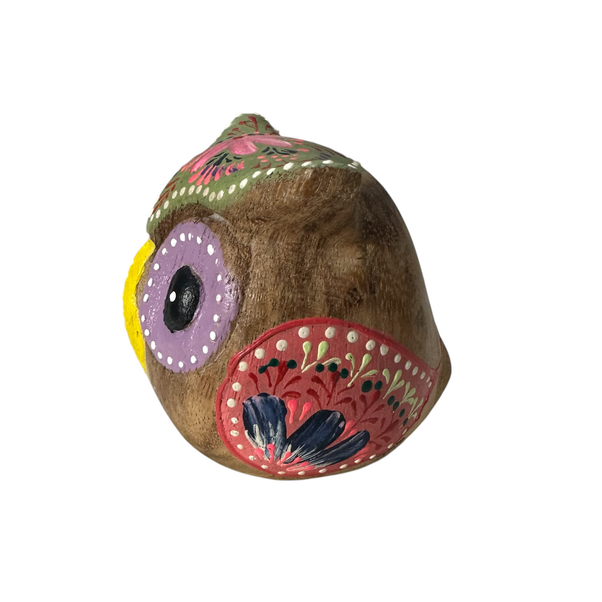 Hand-Painted Wooden Owl Figurine - Purple Eyes & Yellow Beak Music Frog Co