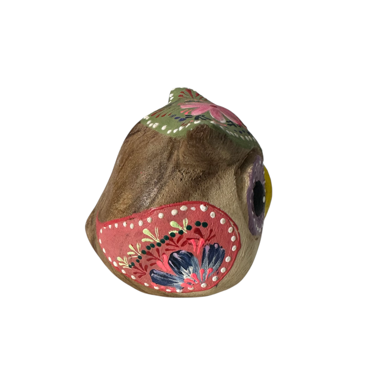 Hand-Painted Wooden Owl Figurine - Purple Eyes & Yellow Beak Music Frog Co