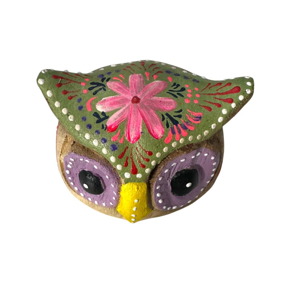 Hand-Painted Wooden Owl Figurine - Purple Eyes & Yellow Beak Music Frog Co