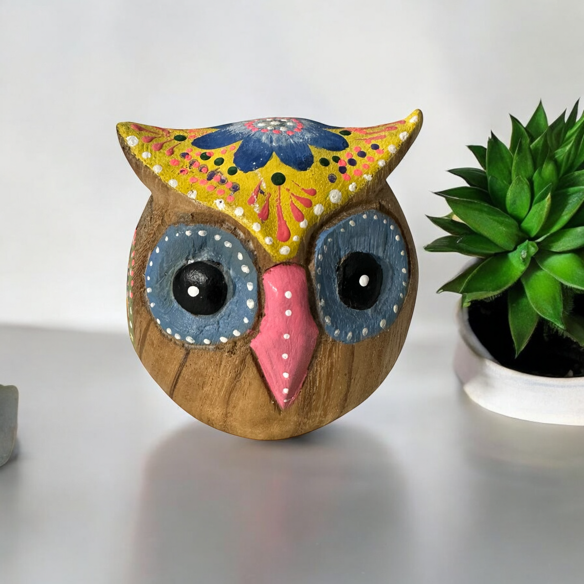 Hand-Painted Wooden Owl Figurine - Pastel Pink & Blue Theme Music Frog Co
