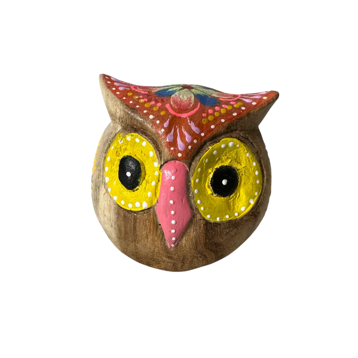 Hand-Painted Wooden Owl Figurine - Yellow & Red Floral Design Music Frog Co