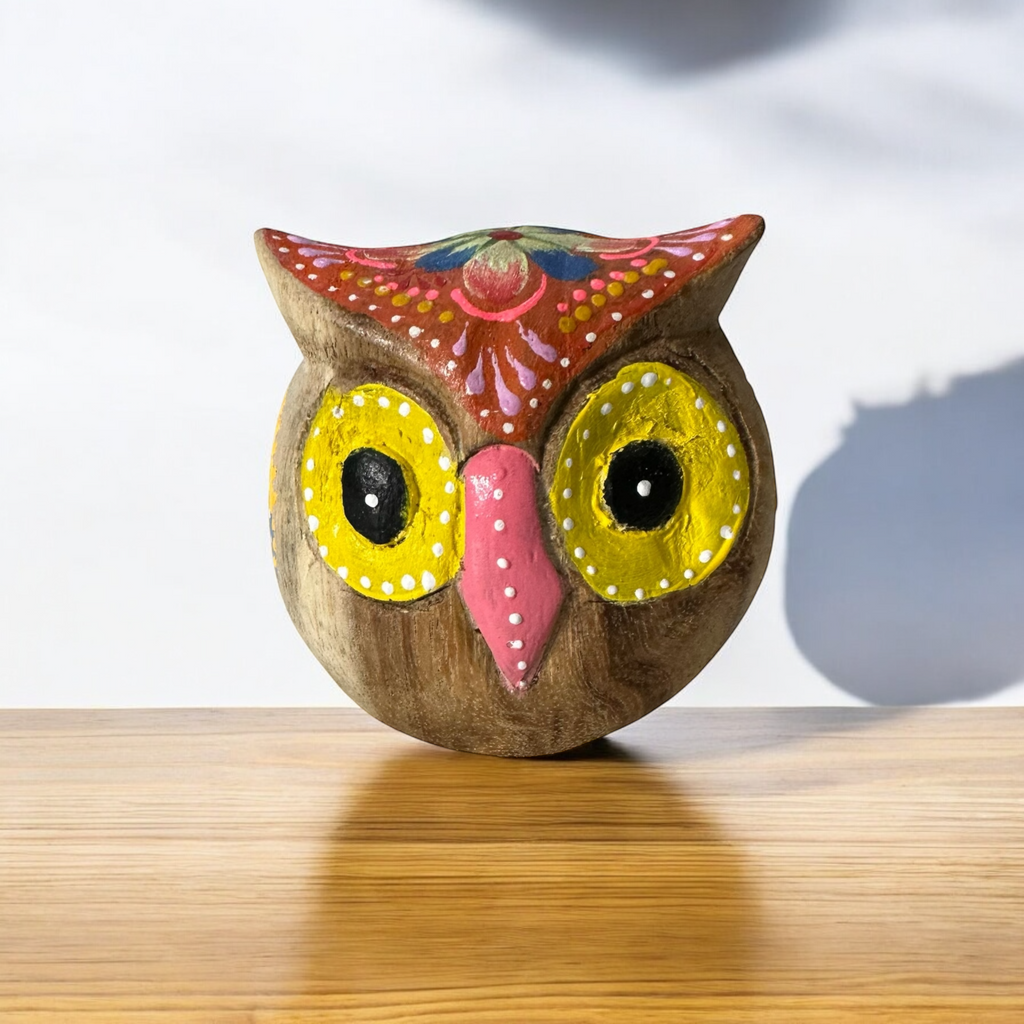 Hand-Painted Wooden Owl Figurine - Yellow & Red Floral Design Music Frog Co