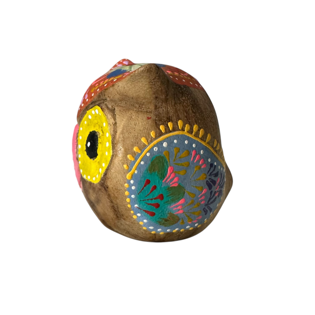 Hand-Painted Wooden Owl Figurine - Yellow & Red Floral Design Music Frog Co