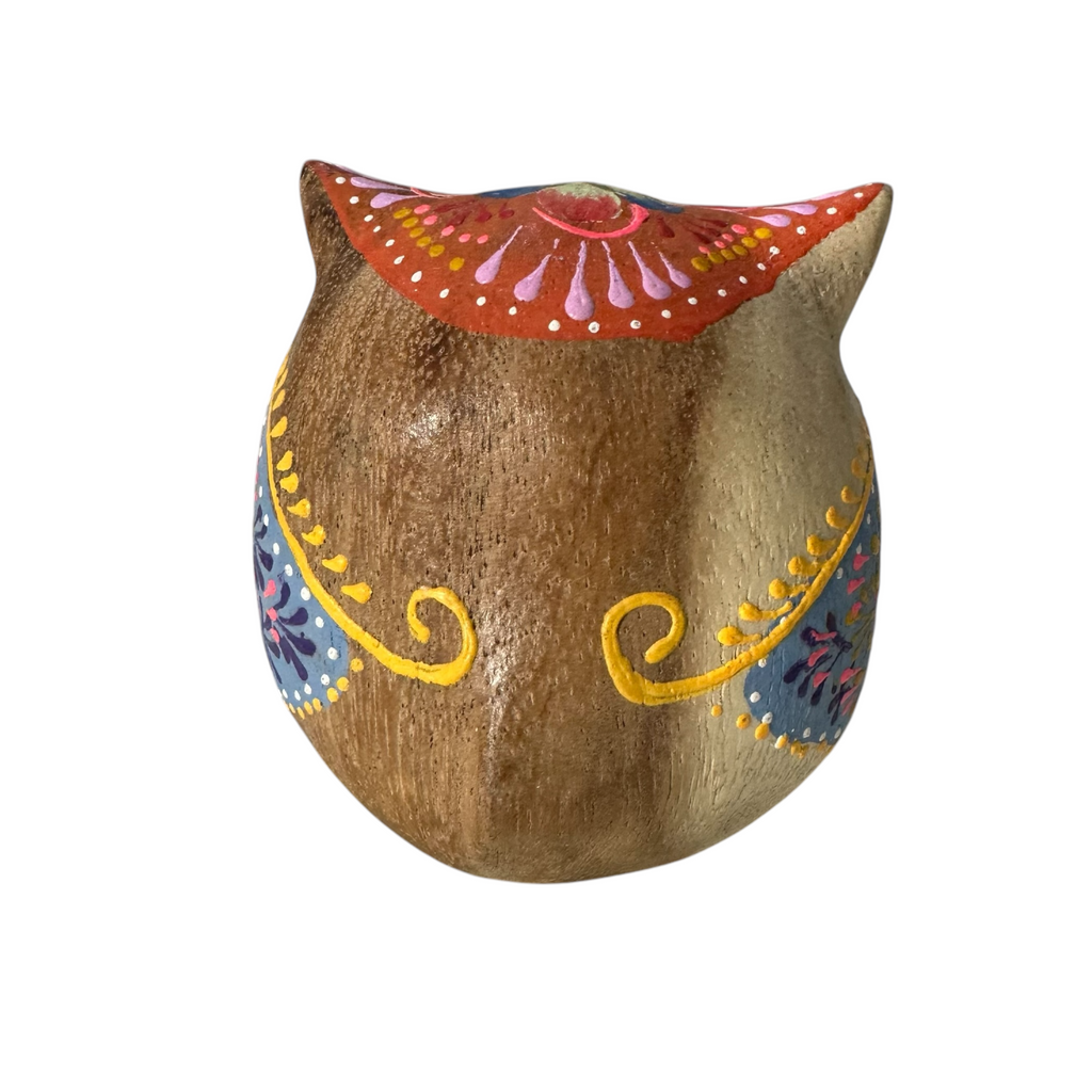 Hand-Painted Wooden Owl Figurine - Yellow & Red Floral Design Music Frog Co