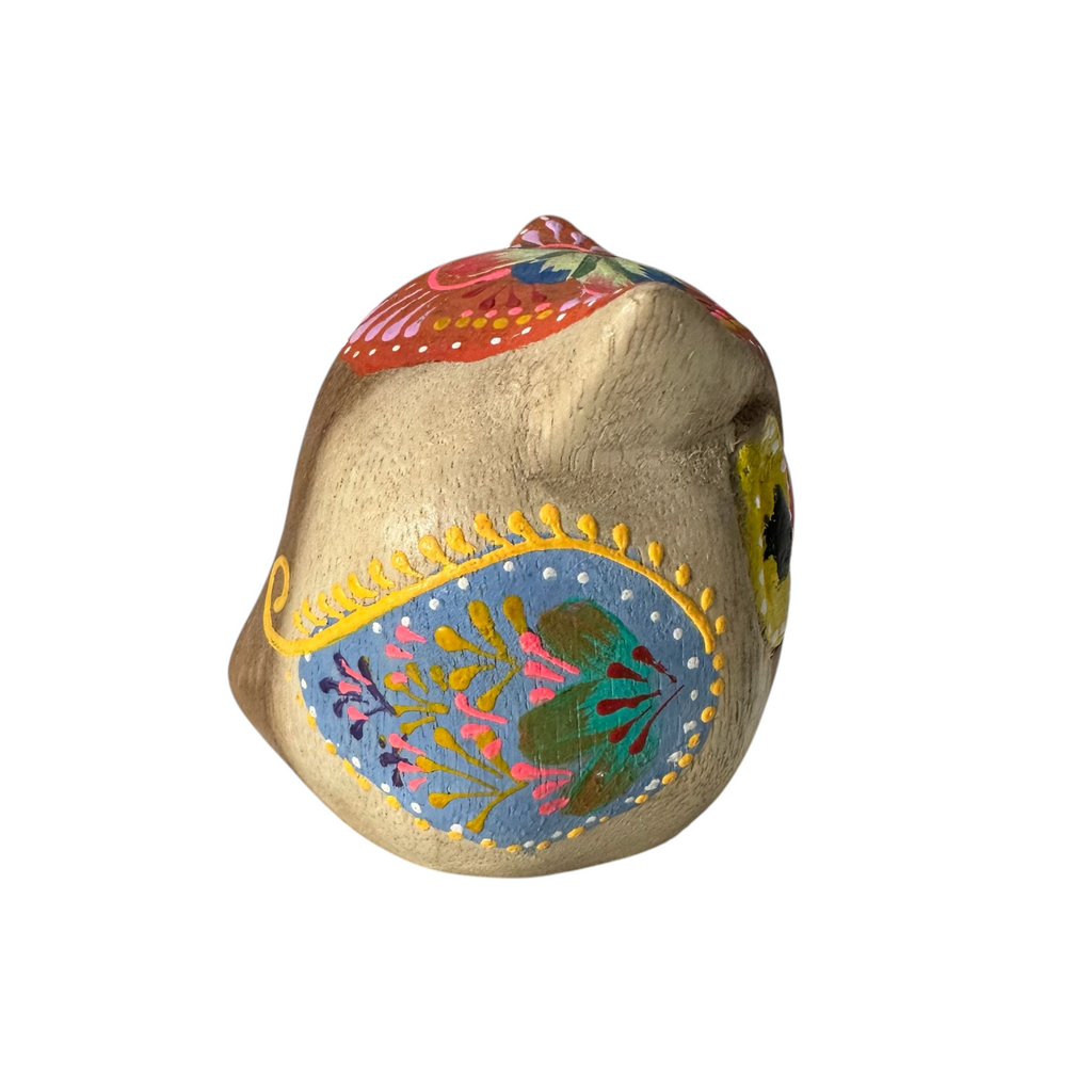 Hand-Painted Wooden Owl Figurine - Yellow & Red Floral Design Music Frog Co