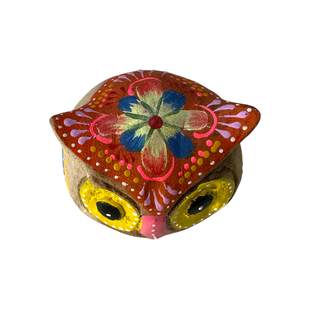 Hand-Painted Wooden Owl Figurine - Yellow & Red Floral Design Music Frog Co