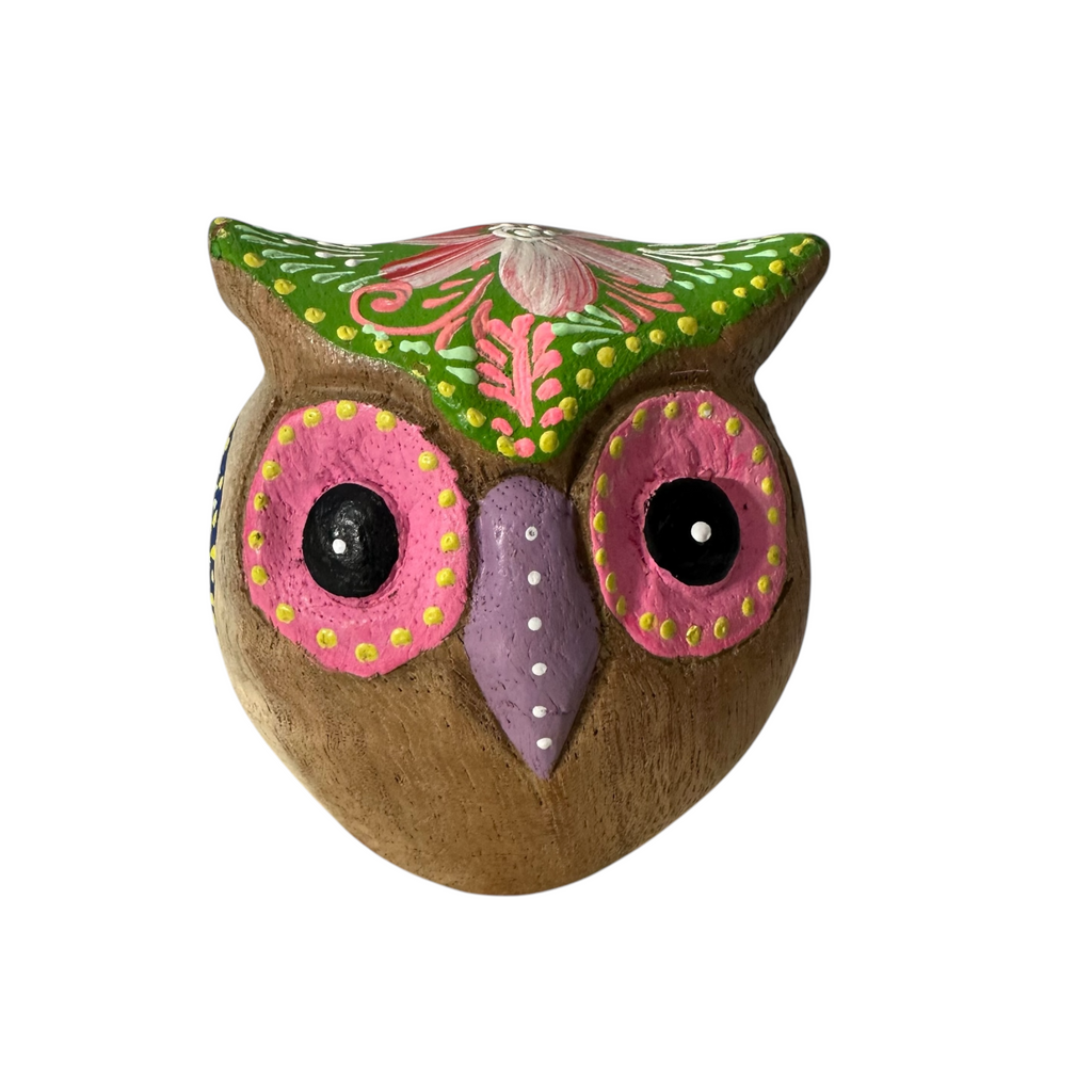 Hand-Painted Wooden Owl Figurine - Purple & Pink Decorative Pattern Music Frog Co
