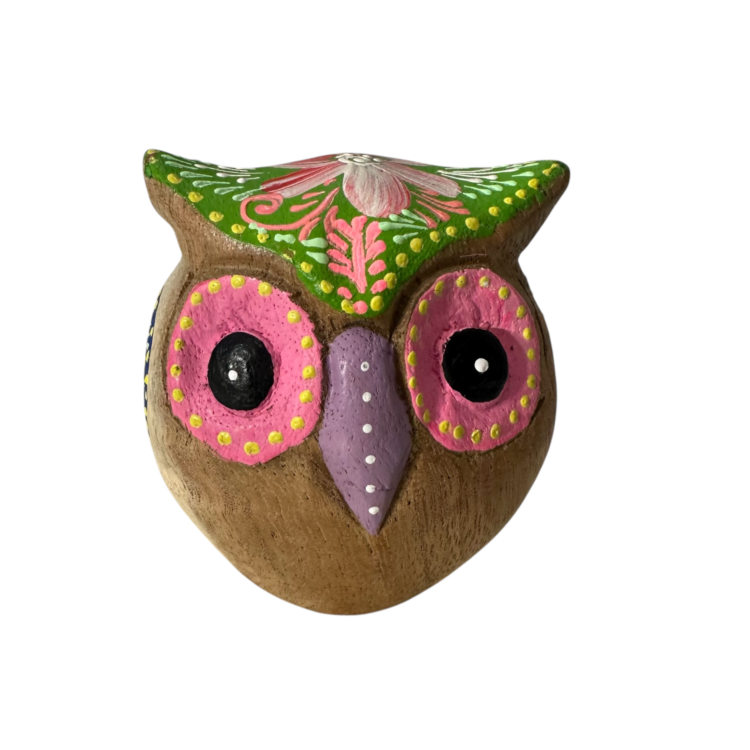 Hand-Painted Wooden Owl Figurine - Purple & Pink Decorative Pattern Music Frog Co