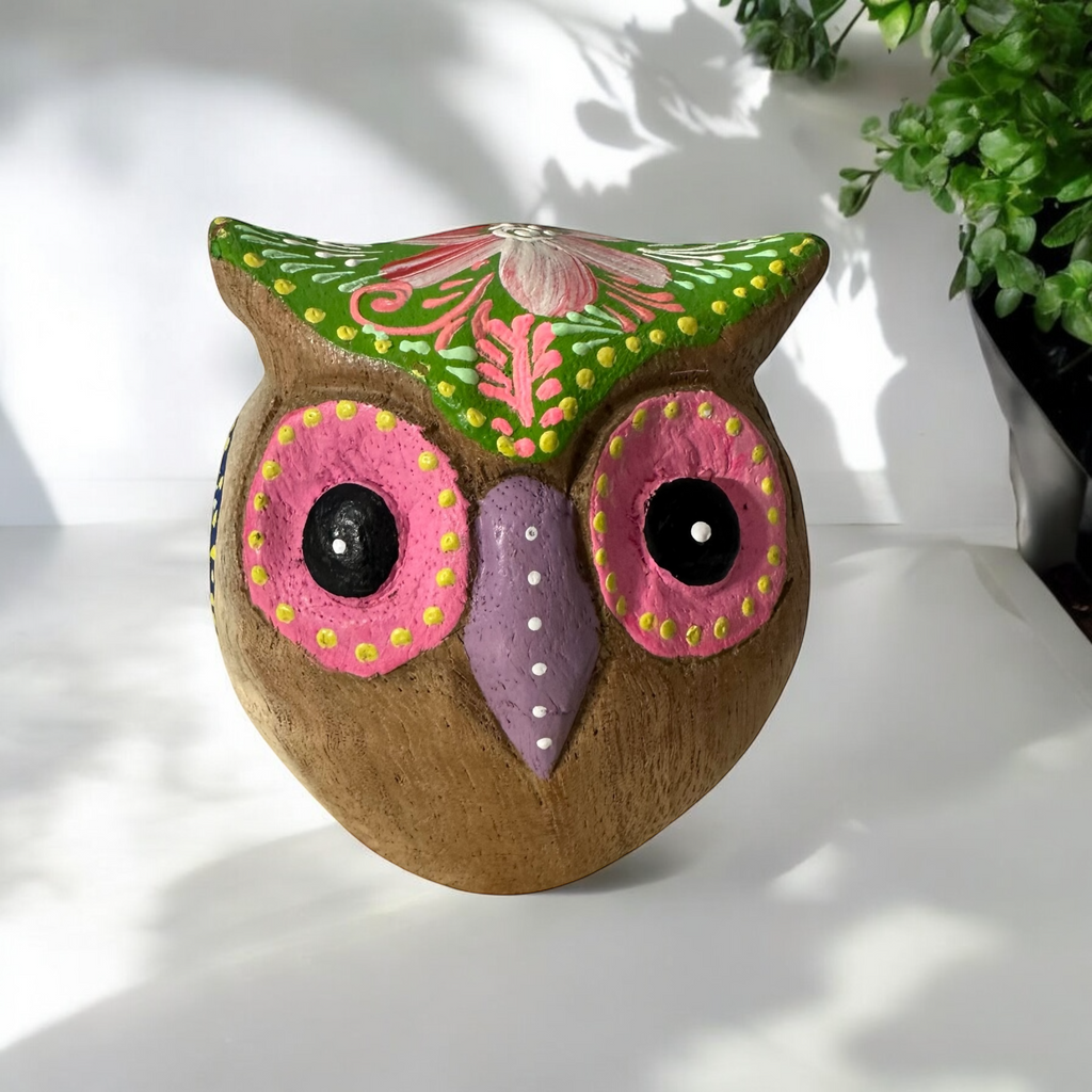 Hand-Painted Wooden Owl Figurine - Purple & Pink Decorative Pattern Music Frog Co