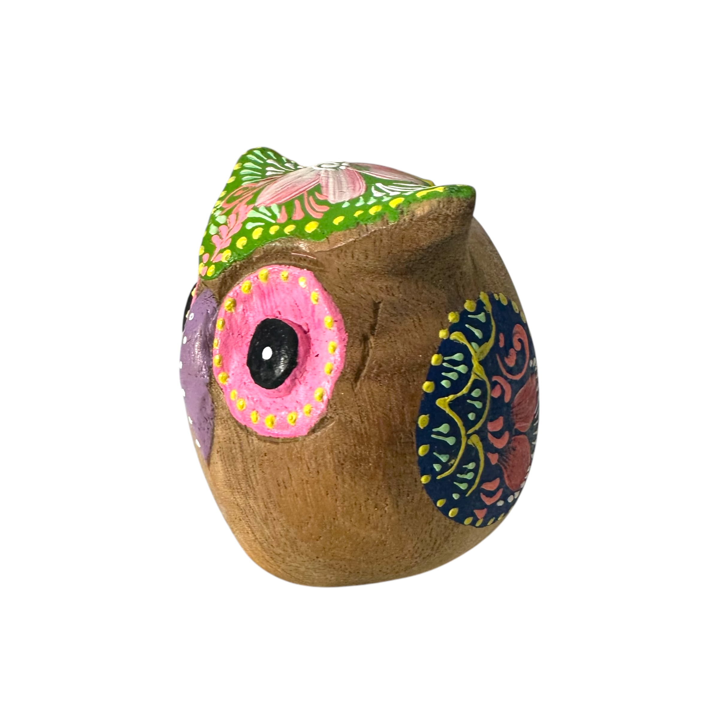 Hand-Painted Wooden Owl Figurine - Purple & Pink Decorative Pattern Music Frog Co