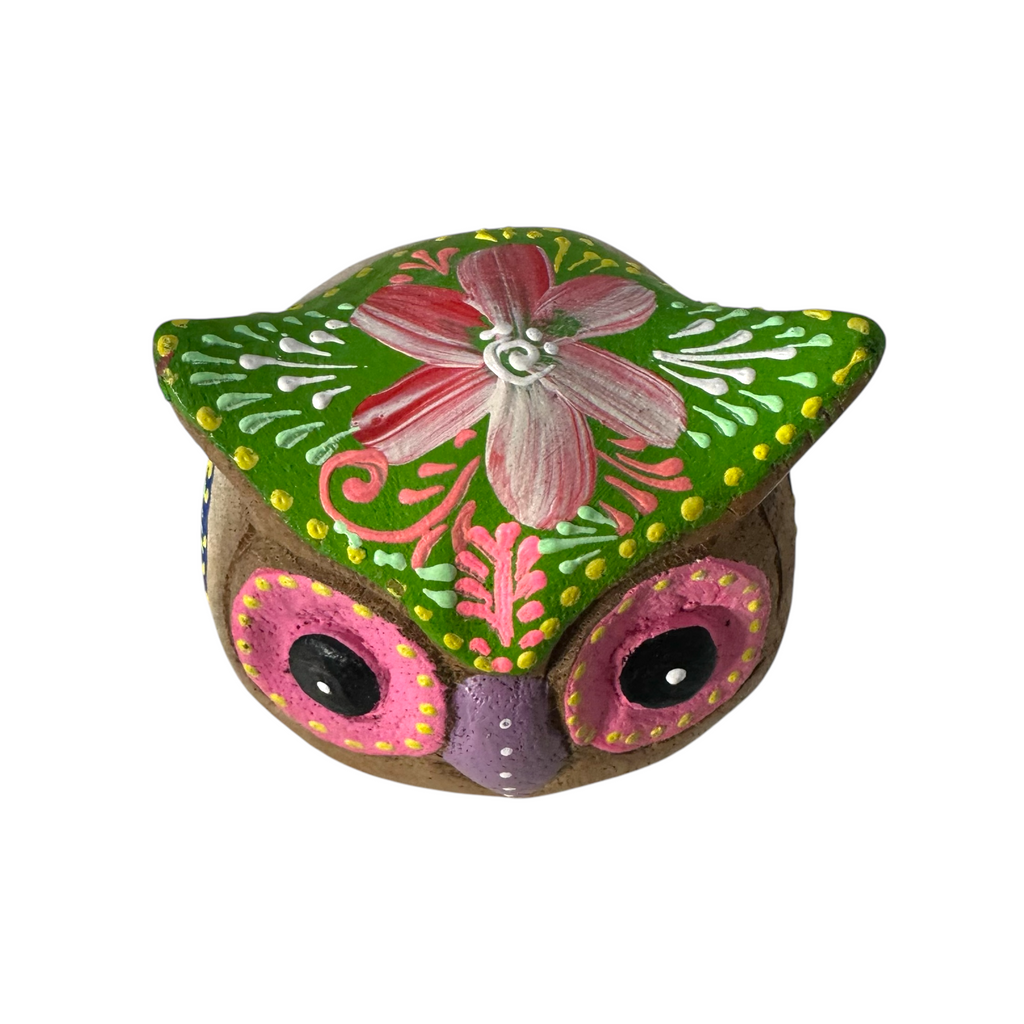 Hand-Painted Wooden Owl Figurine - Purple & Pink Decorative Pattern Music Frog Co
