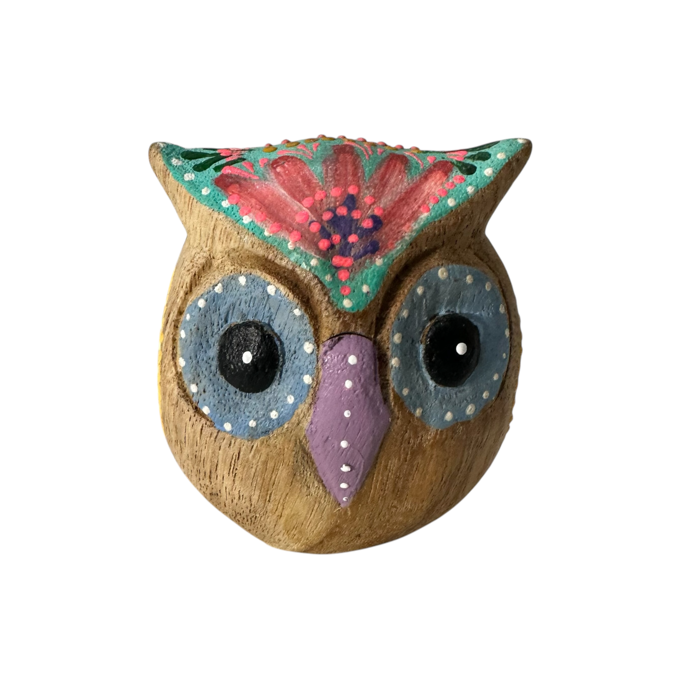 Hand-Painted Wooden Owl Figurine - Blue Floral & Rustic Finish Music Frog Co