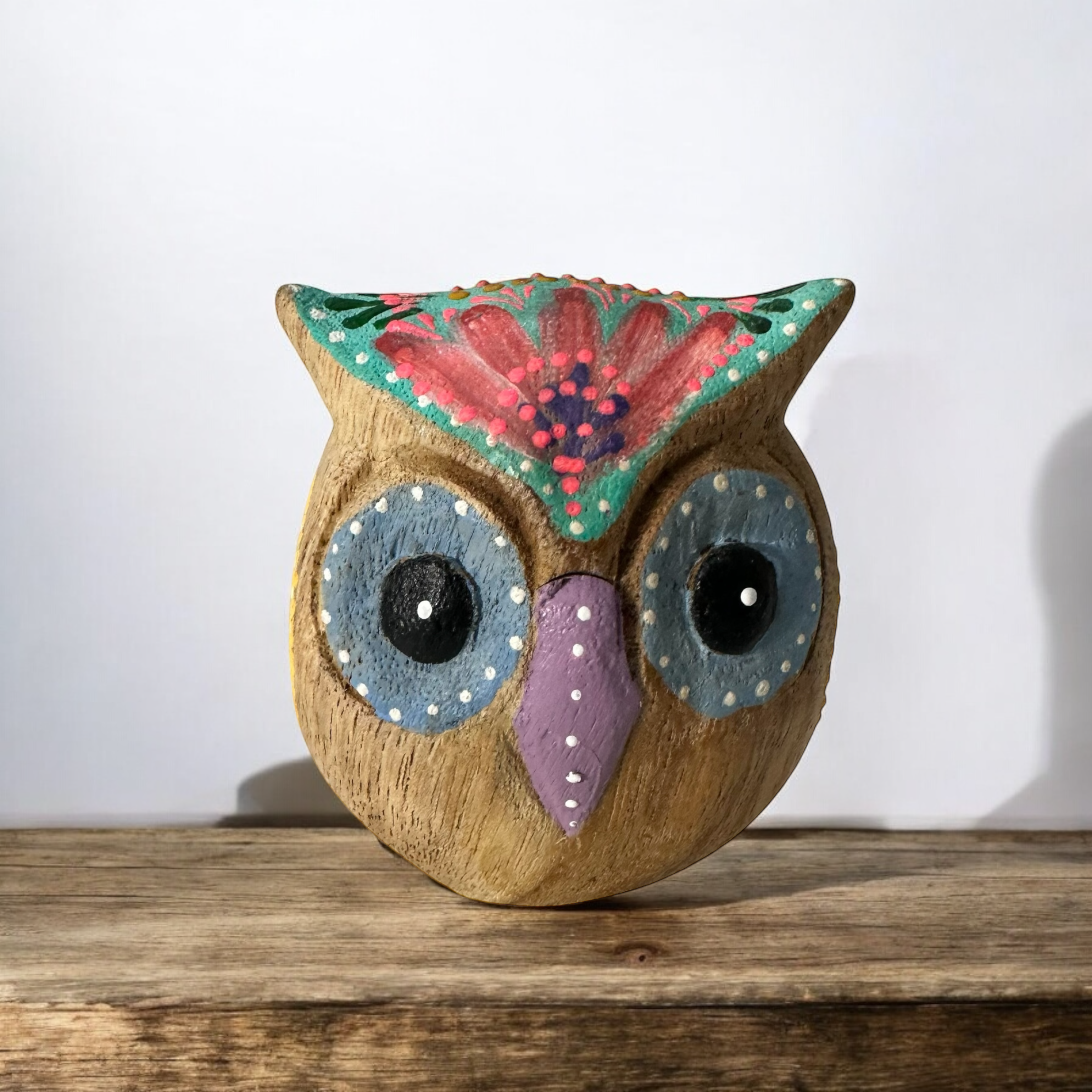 Hand-Painted Wooden Owl Figurine - Blue Floral & Rustic Finish Music Frog Co