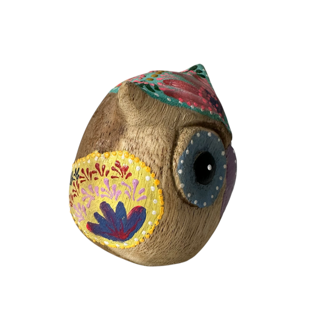 Hand-Painted Wooden Owl Figurine - Blue Floral & Rustic Finish Music Frog Co