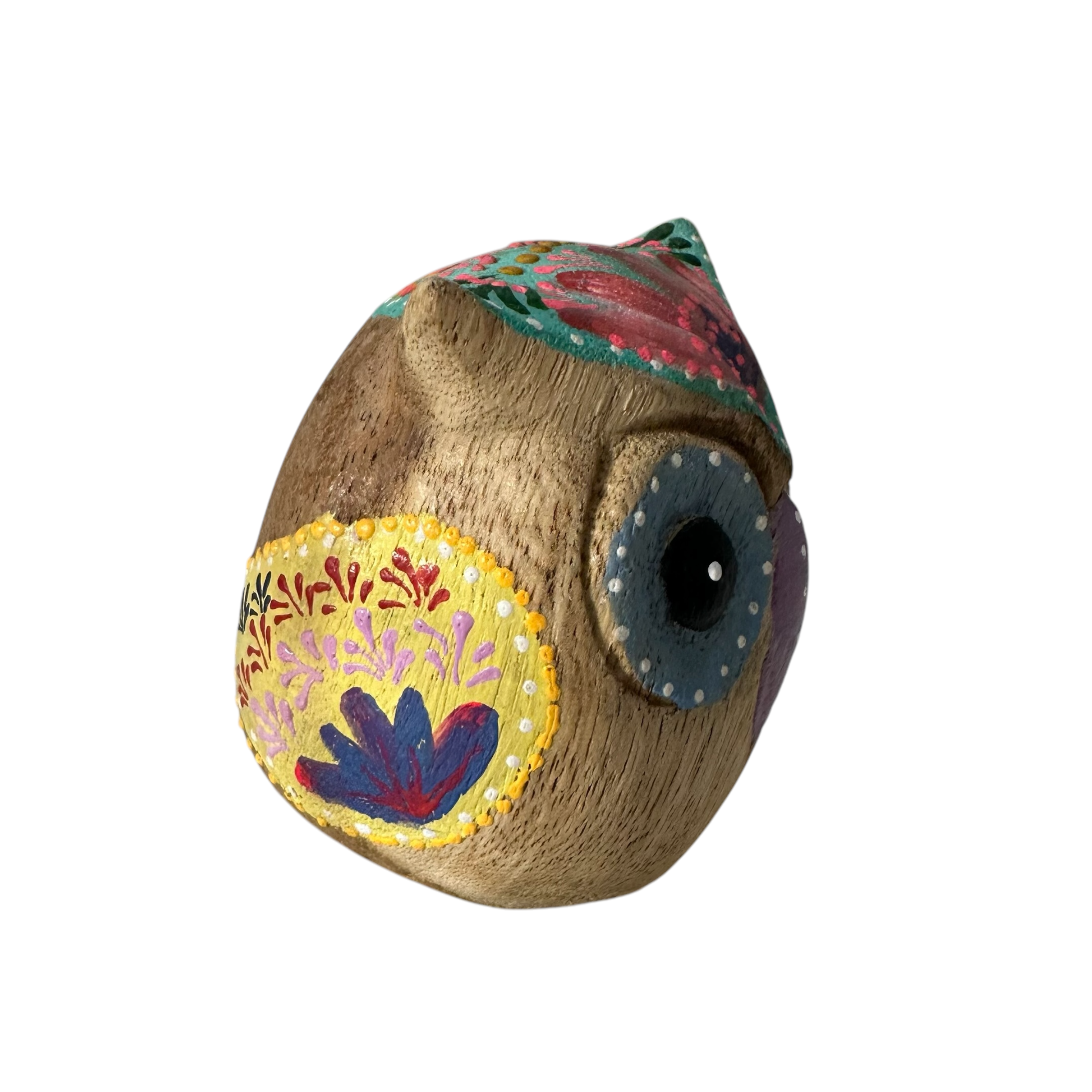 Hand-Painted Wooden Owl Figurine - Blue Floral & Rustic Finish Music Frog Co