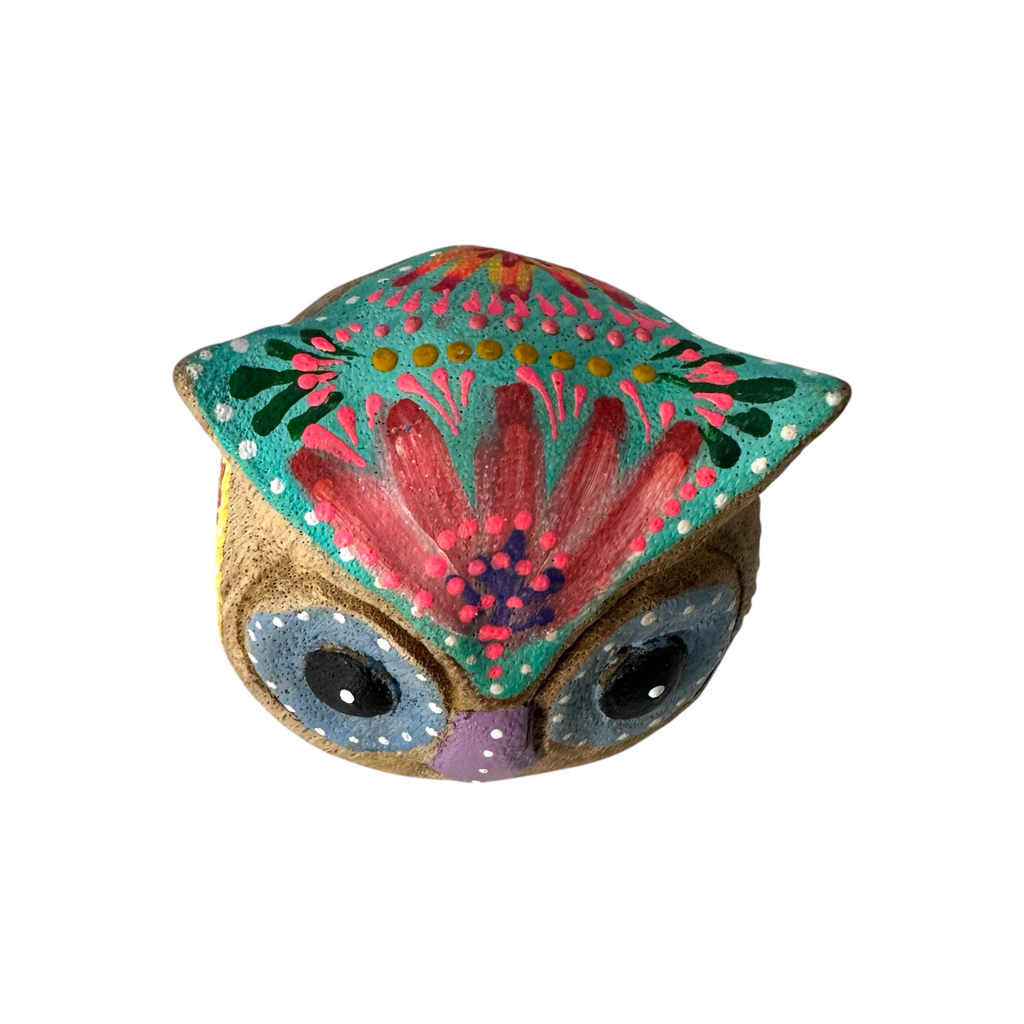 Hand-Painted Wooden Owl Figurine - Blue Floral & Rustic Finish Music Frog Co