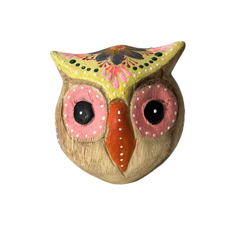 Hand-Painted Wooden Owl Figurine - Yellow & Pink Artistic Design Music Frog Co