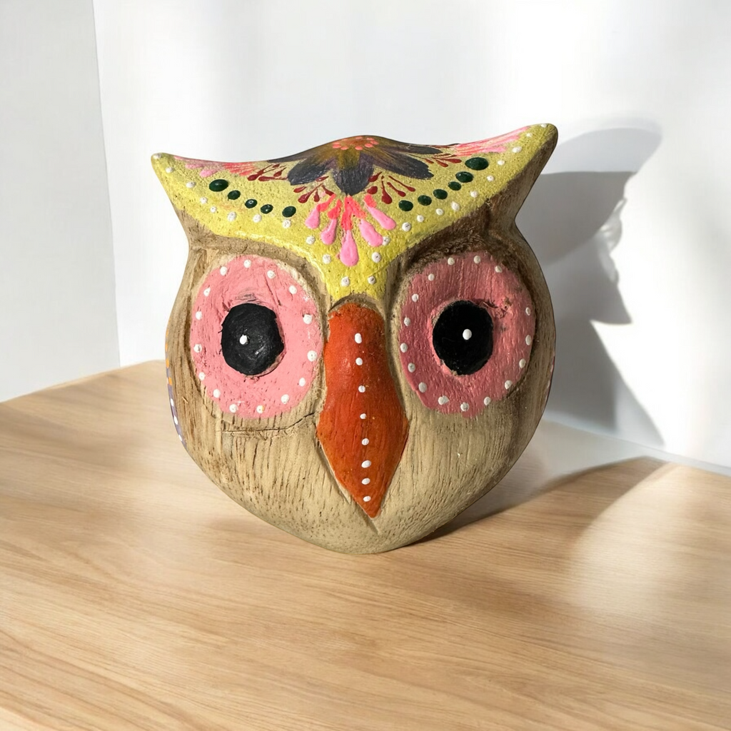 Hand-Painted Wooden Owl Figurine - Yellow & Pink Artistic Design Music Frog Co