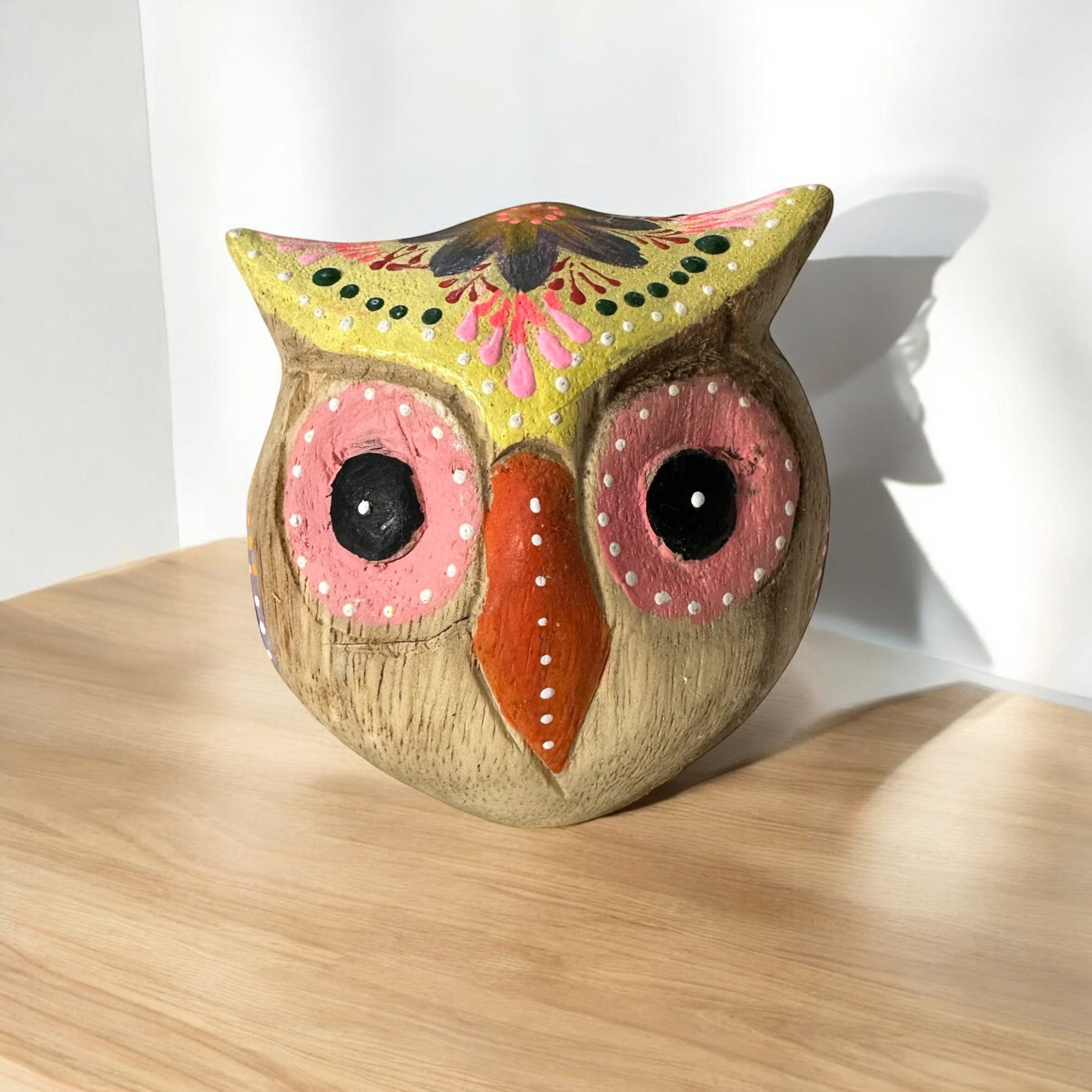 Hand-Painted Wooden Owl Figurine - Yellow & Pink Artistic Design Music Frog Co