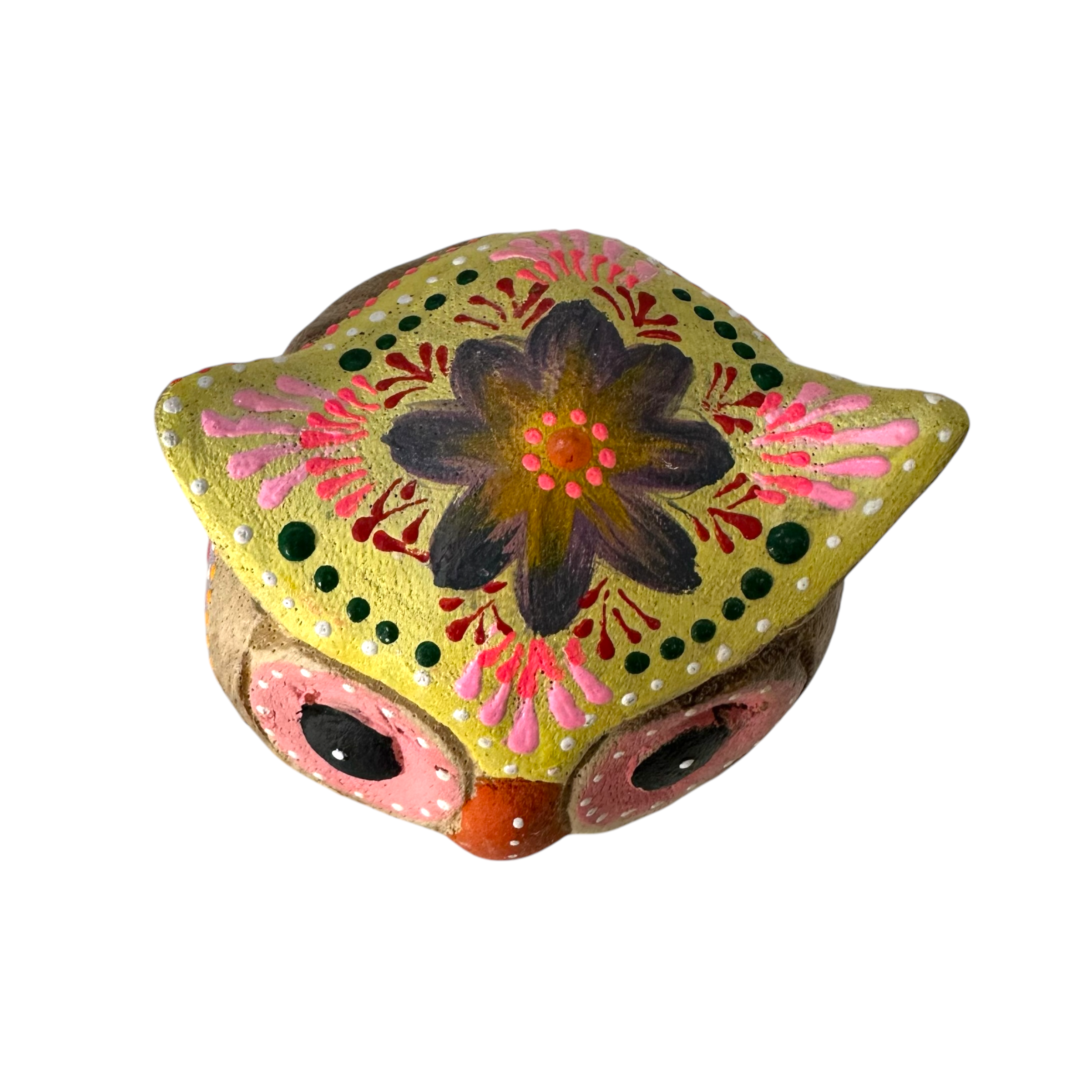 Hand-Painted Wooden Owl Figurine - Yellow & Pink Artistic Design Music Frog Co